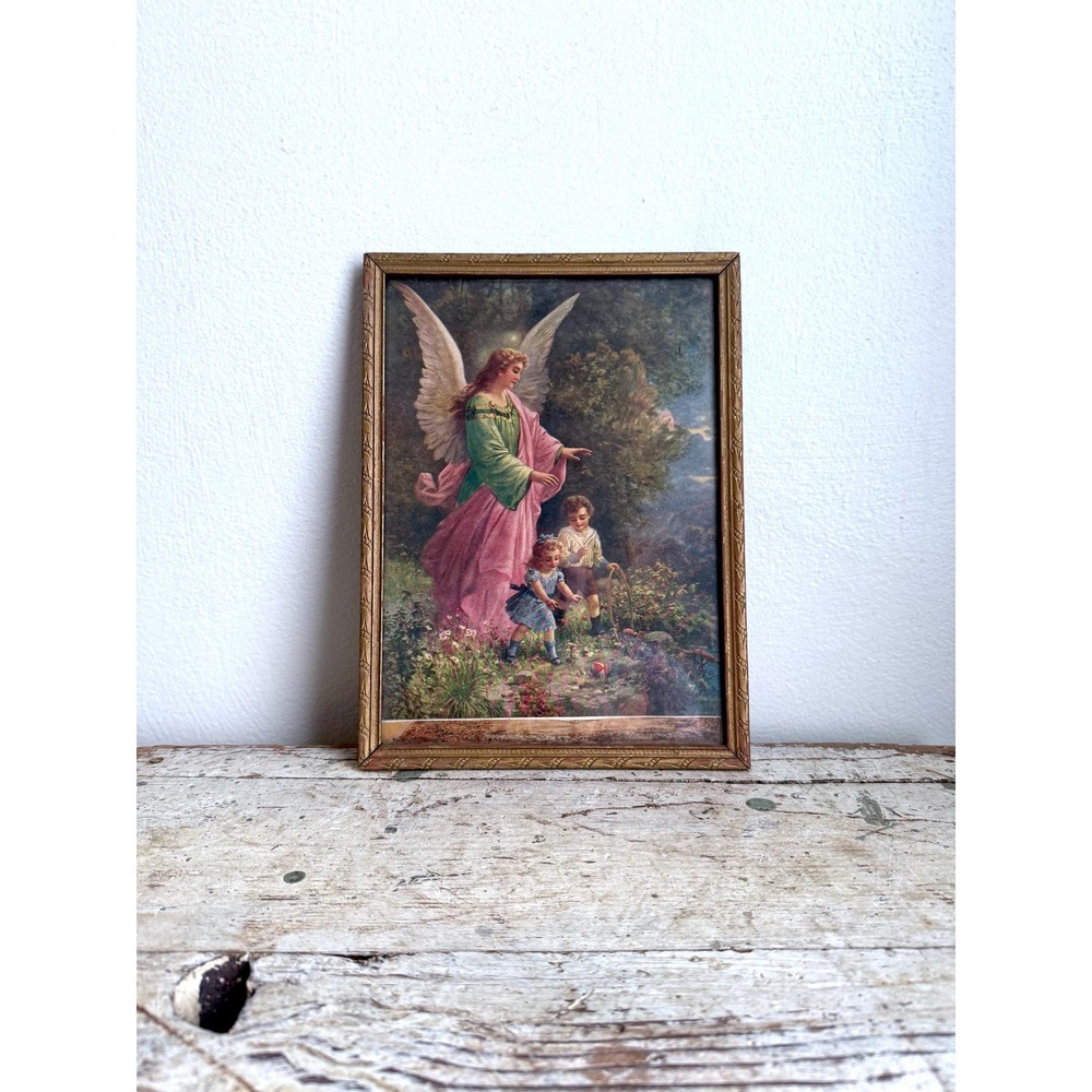 Vintage Guardian Angel w/ Children 9" x 12" Framed Under‎ Glass